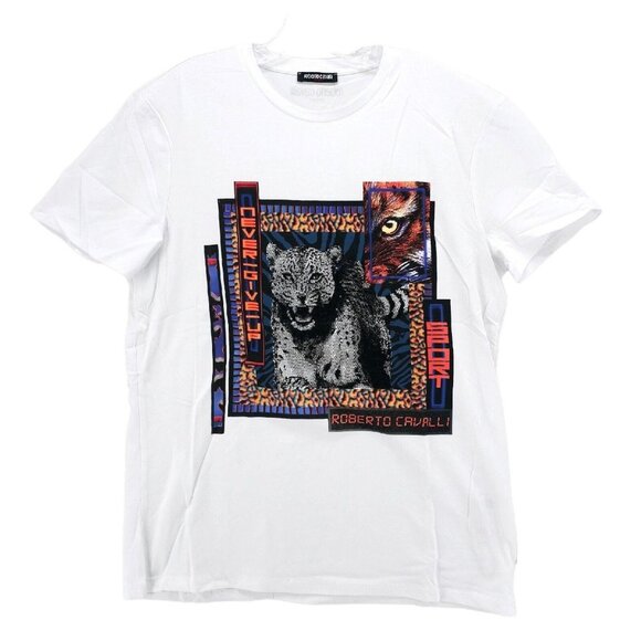 NWOT ROBERTO CAVALLI Graphic Men's T-Shirt Beaded Animals Never Give Up LARGE